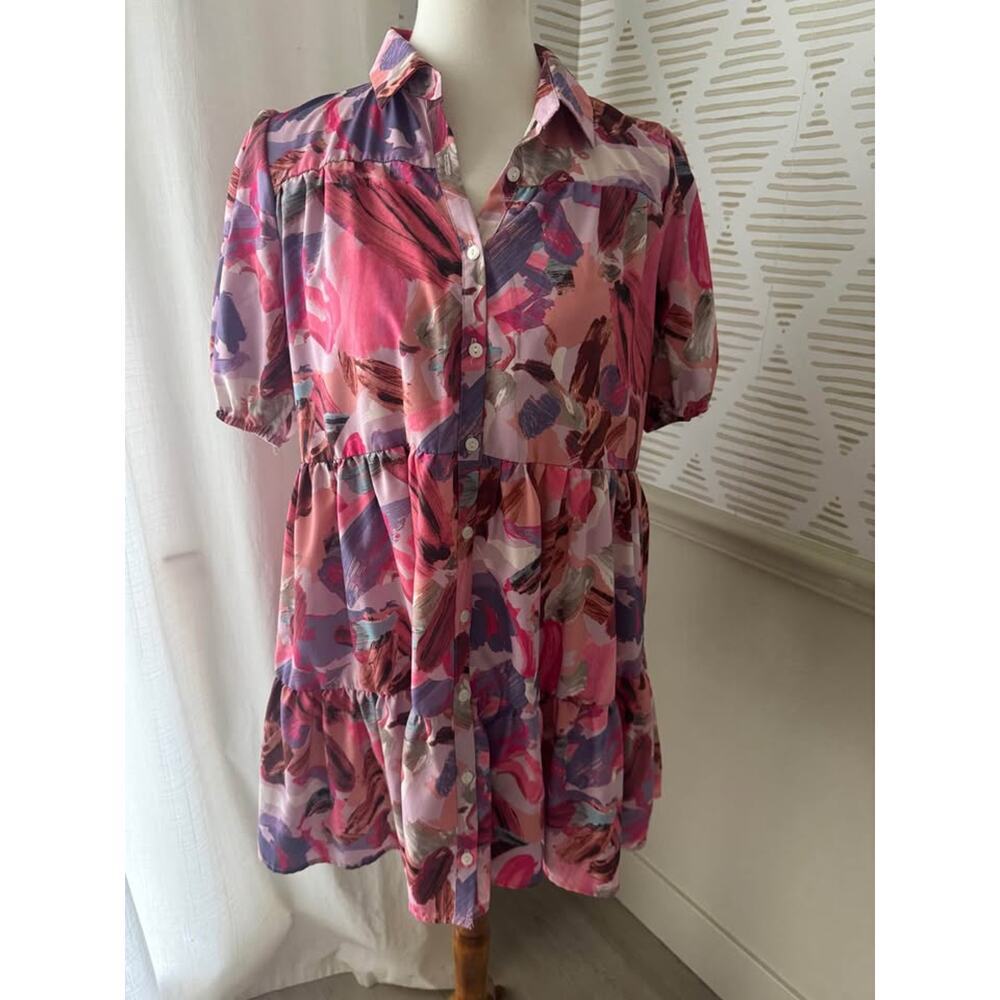 Women’s Medium Pink Abstract Tiered Puff Sleeve Mini Dress